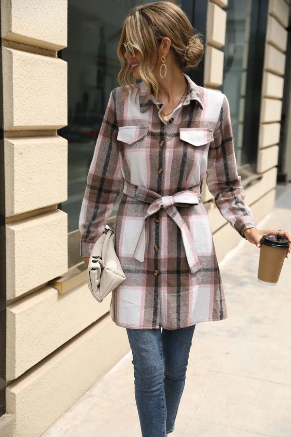 Front view of the pink plaid belted longline shirt jacket, showing the silhouette and fit.