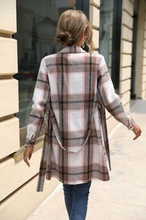 Back view of the pink plaid belted longline shirt jacket, showing the silhouette and fit.