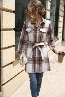Front view of the pink plaid belted longline shirt jacket, showing the silhouette and fit.