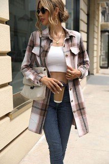 Full length front view of the pink plaid belted longline shirt jacket, showing the silhouette and fit.
