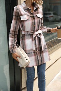 Styled front view of the pink plaid belted longline shirt jacket, showing the silhouette and fit.