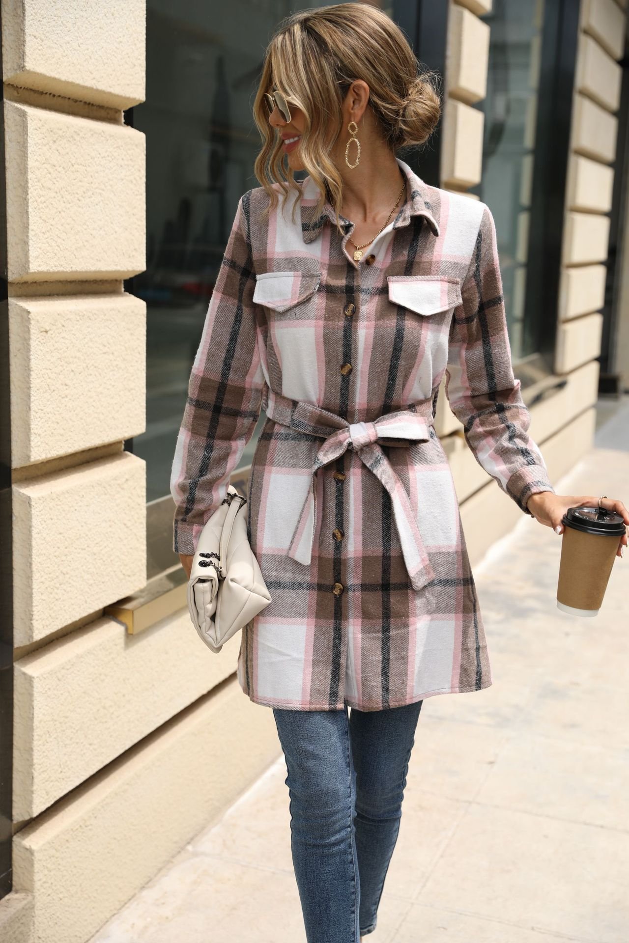 Pink Plaid Belted Longline Shirt Jacket – Front View Front view of the pink plaid belted longline shirt jacket, showing the silhouette and fit.
