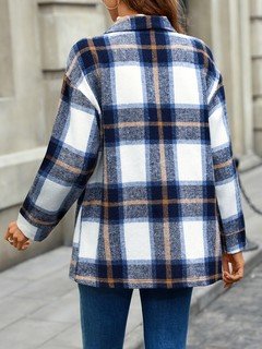 Back view of the blue plaid flap-pocket shirt jacket, showing its silhouette and design details.