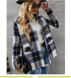 Front view of the blue plaid flap-pocket shirt jacket, showing its silhouette and design details.