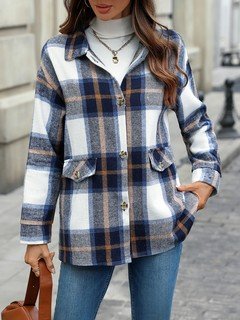 Styled front view of the blue plaid flap-pocket shirt jacket, showing its silhouette and design details.