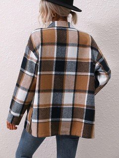 Back view of the brown plaid flap-pocket shirt jacket, showing its silhouette and design details.