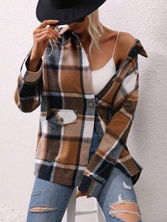 Full-length front view of the brown plaid flap-pocket shirt jacket, showing its silhouette and design details.
