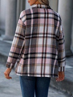 Back view of the pink plaid flap-pocket shirt jacket, showing its silhouette and design details.