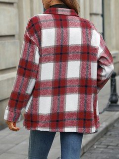Back view of the red plaid flap-pocket shirt jacket, showing its silhouette and design details.