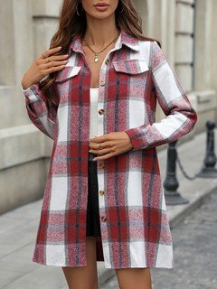 Front view of the red plaid belted shirt dress, showing its silhouette and design details.