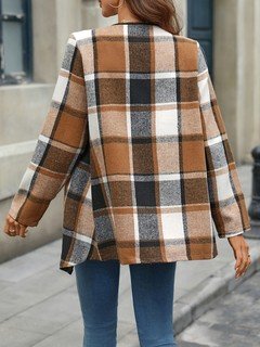 Back view of the brown plaid waterfall open-front jacket, showing its silhouette and design details.