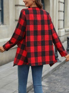 Back view of the red and black plaid waterfall open-front jacket, showing its silhouette and design details.