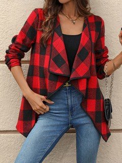 Lifestyle front view of the red and black plaid waterfall open-front jacket, showing its silhouette and design details.