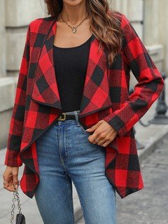 Styled front view of the red and black plaid waterfall open-front jacket, showing its silhouette and design details.