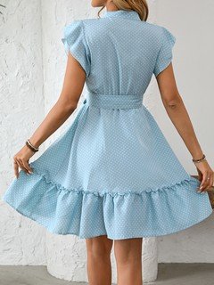 Back view of the light blue polka-dot ruffle hem shirt dress, showing its silhouette and design details.