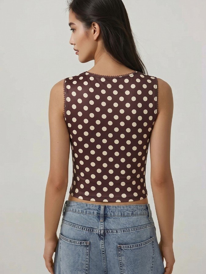 Back view of the brown polka-dot square-neck tank top, showing its silhouette and design details.