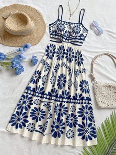Alternate flat lay of the blue porcelain floral smocked-bodice spaghetti-strap maxi dress, showing the garment shape and available styling.