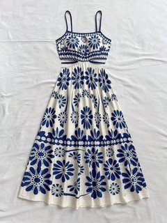 Garment front view of the blue porcelain floral smocked-bodice spaghetti-strap maxi dress, showing the silhouette and fit.