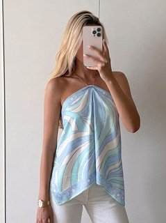 Front view of the blue printed halter scarf top, showing its silhouette and design details.