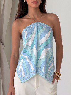 Full-length front view of the blue printed halter scarf top, showing its silhouette and design details.