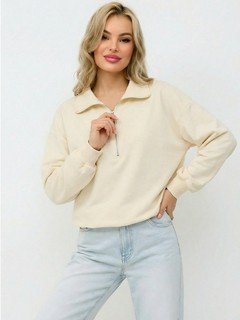 Full-length front view of the cream quarter-zip collared sweatshirt, showing its silhouette and design details.