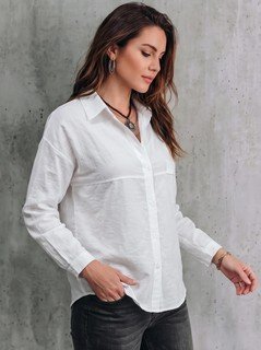 Angled front view of the white relaxed button-up long-sleeve shirt, showing the silhouette and fit.