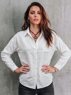 Lifestyle front view of the white relaxed button-up long-sleeve shirt, showing the silhouette and fit.