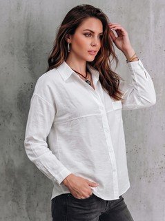 Side view of the white relaxed button-up long-sleeve shirt, showing the silhouette and fit.