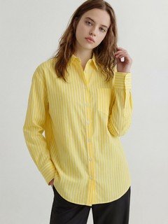 Full-length front view of the yellow striped button-front shirt, showing its silhouette and design details.