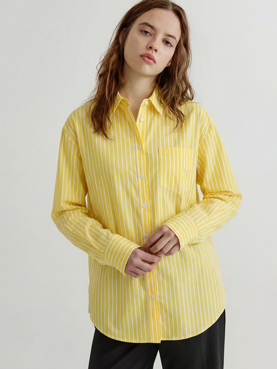 Yellow Striped Button-Front Shirt – Front View Front view of the yellow striped button-front shirt, showing its silhouette and design details.