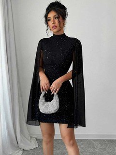 Full-length front view of the black rhinestone cape sleeve mini dress, showing its silhouette and design details.