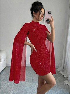 Angled front view of the red rhinestone cape sleeve mini dress, showing its silhouette and design details.