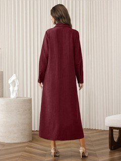 Back view of the burgundy rhinestone-embellished collared long-sleeve maxi dress, showing the silhouette and fit.