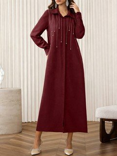 Full length front view of the burgundy rhinestone-embellished collared long-sleeve maxi dress, showing the silhouette and fit.