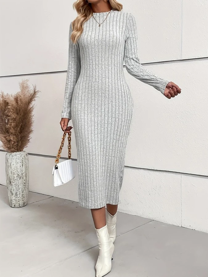 Front view of the light gray ribbed mock-neck midi dress, showing its silhouette and design details.
