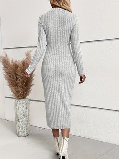 Back view of the light gray ribbed mock-neck midi dress, showing its silhouette and design details.