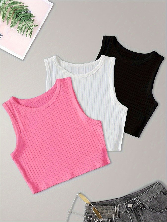Alternate assorted flat lay of the assorted colors ribbed sleeveless cropped tank top collection, showing the garment shape and available styling.