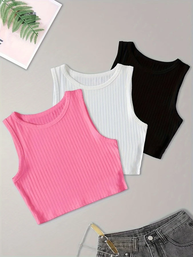 Alternate assorted flat lay of the assorted colors ribbed sleeveless cropped tank top collection, showing the garment shape and available styling.