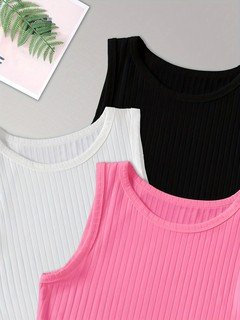Neckline detail of the assorted colors ribbed sleeveless cropped tank top collection, showing assorted necklines, rib texture and cropped fit.