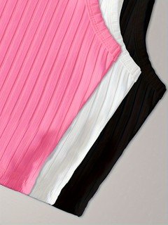 Neckline detail of the assorted colors ribbed sleeveless cropped tank top collection, showing assorted necklines, rib texture and cropped fit.