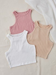 Pastel flat lay of the assorted colors ribbed sleeveless cropped tank top collection, showing the garment shape and available styling.