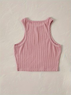 Pink flat lay of the assorted colors ribbed sleeveless cropped tank top collection, showing the garment shape and available styling.