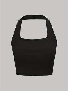 Product front view of the black ribbed sleeveless cropped tank top collection, showing the silhouette and fit.