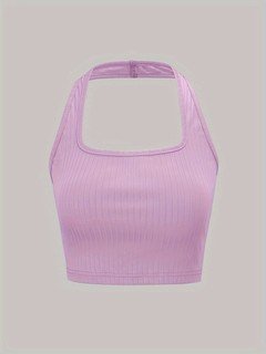 Product front view of the lilac ribbed sleeveless cropped tank top collection, showing the silhouette and fit.