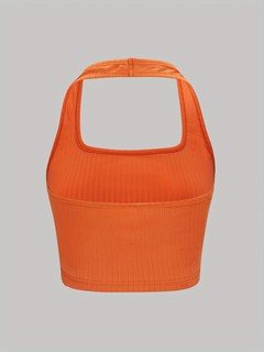 Product angled view of the orange ribbed sleeveless cropped tank top collection, showing the silhouette and fit.