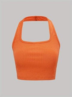 Product front view of the orange ribbed sleeveless cropped tank top collection, showing the silhouette and fit.