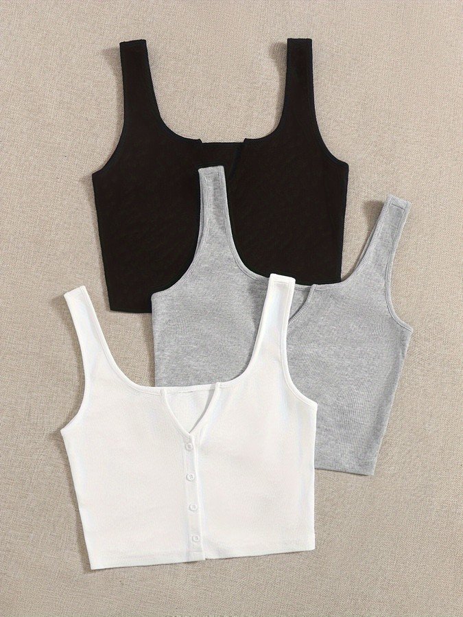Alternate flat lay of the assorted colors ribbed square-neck button-front cropped tank top, showing the garment shape and available styling.