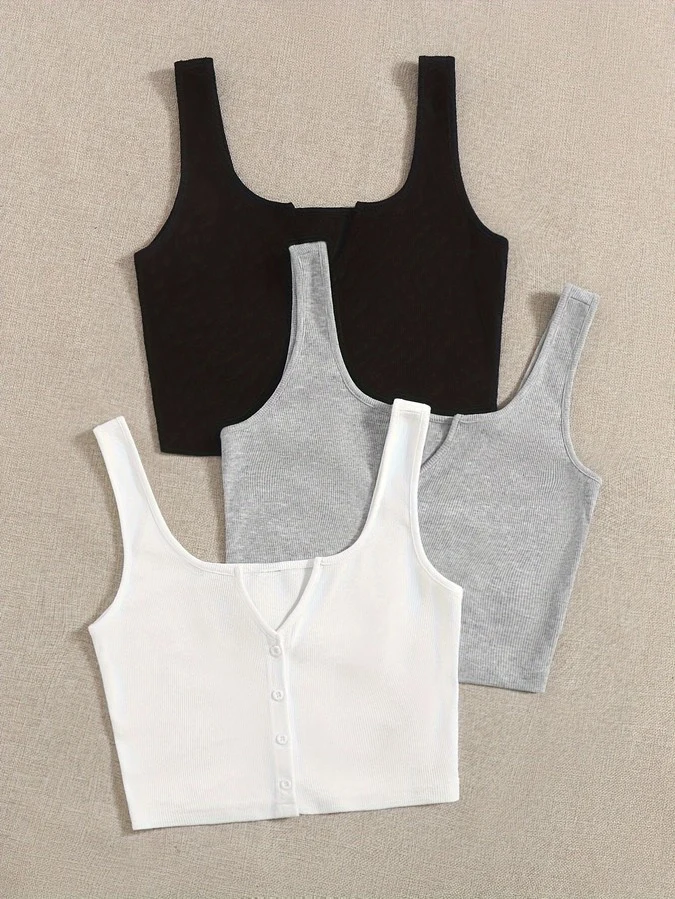 Alternate flat lay of the assorted colors ribbed square-neck button-front cropped tank top, showing the garment shape and available styling.