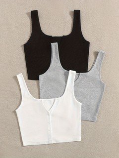 Alternate flat lay of the assorted colors ribbed square-neck button-front cropped tank top, showing the garment shape and available styling.