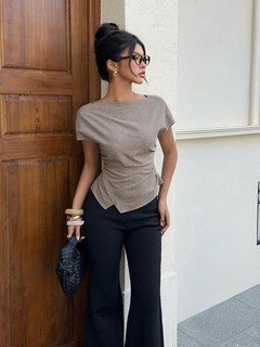Full length front view of the taupe ruched-waist short-sleeve fitted top, showing the silhouette and fit.